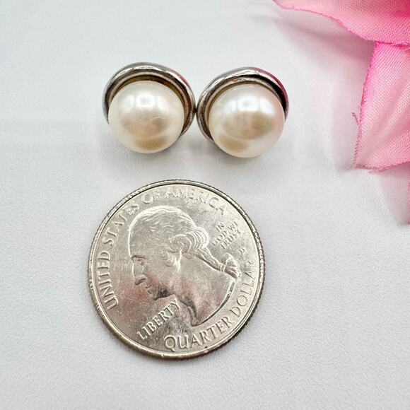 11 mm Pearl Stud Earrings Signed NF 925 Acid Tested Thailand Sterling Silver - Picture 15 of 16